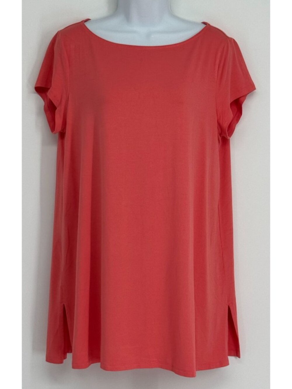 Eileen Fisher Coral Short-Sleeve Jersey Tunic Top L Viscose Blend